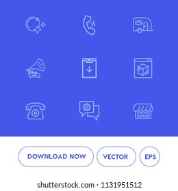 Modern, simple vector icon set on blue background with delivery, sound, sky, cellphone, moonlight, right, sign, music, astronomy, record, background, communication, traffic, chat, technology icons