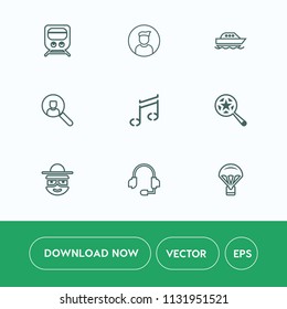 Modern, simple vector icon set on white background with technology, jump, call, track, transportation, happy, transport, microphone, search, account, yacht, people, parachuting, cartoon, profile icons