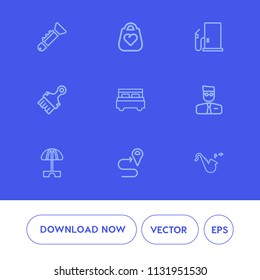 Modern, simple vector icon set on blue background with brush, umbrella, background, trumpet, bag, musical, bedroom, music, summer, bed, oil, orchestra, navigation, white, user, fuel, fashion icons