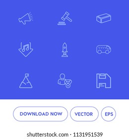 Modern, simple vector icon set on blue background with audio, building, space, volume, bus, speaker, computer, left, download, direction, highway, trial, technology, sound, diskette, court, law icons
