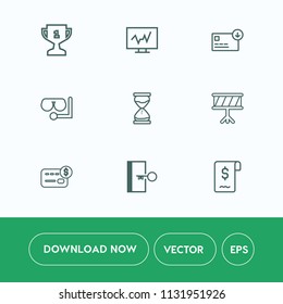 Modern, simple vector icon set on white background with clinic, sound, competition, sand, glass, win, medical, first, technology, award, champion, sack, computer, credit, card, victory, escape icons