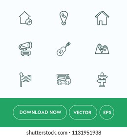 Modern, simple vector icon set on white background with guitar, business, retro, real, flag, tipper, home, market, musical, mortgage, gramophone, travel, vehicle, property, record, modern, phone icons