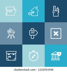 Modern, simple vector icon set on colorful blue backgrounds with compass, work, house, people, professional, north, equipment, banking, business, person, property, way, sale, finance, bbq, meat icons