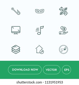 Modern, simple vector icon set on white background with investment, addiction, fish, property, data, sound, white, cigarette, equipment, carnival, fishing, space, melody, digital, monitor, music icons
