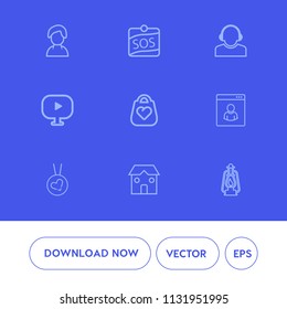 Modern, simple vector icon set on blue background with profile, love, metal, white, sign, male, person, construction, lamp, rescue, human, video, business, female, communication, vintage, style icons