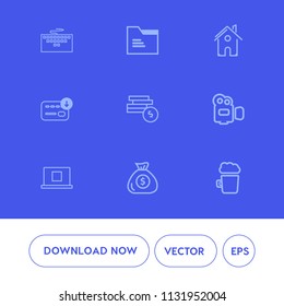 Modern, simple vector icon set on blue background with camera, profile, estate, computer, digital, money, financial, film, work, bank, empty, bar, video, keyboard, folder, pc, business, paper icons