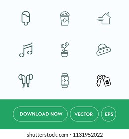 Modern, simple vector icon set on white background with sound, estate, restaurant, technology, cone, rent, hand, property, cafe, cup, door, cappuccino, audio, time, security, coffee, growth, ufo icons