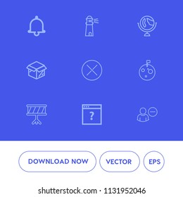 Modern, simple vector icon set on blue background with space, reminder, page, instrument, musical, package, flag, beach, light, account, unpacking, close, map, alarm, user, coast, music, sky icons
