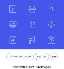 Modern, simple vector icon set on blue background with document, protection, store, modern, food, information, identity, shirt, megaphone, website, white, internet, property, tshirt, fashion, id icons