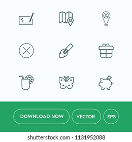 Modern, simple vector icon set on white background with hammer, summer, no, banking, decoration, drink, construction, insect, equipment, business, shovel, travel, present, navigation, money, box icons