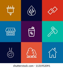 Modern, simple vector icon set on colorful flat backgrounds with architecture, tree, hammer, curtain, building, electricity, interface, technology, axe, house, pine, link, plant, plug, shop, web icons