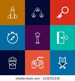 Modern, simple vector icon set on colorful flat backgrounds with furniture, sign, seat, manager, key, business, cafe, success, exit, science, shuttle, corporate, drink, hierarchy, shop, company icons