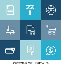 Modern, simple vector icon set on colorful blue backgrounds with personal, musical, market, finance, banking, label, circle, id, frame, financial, sound, work, paintbrush, medicine, paint, lab icons