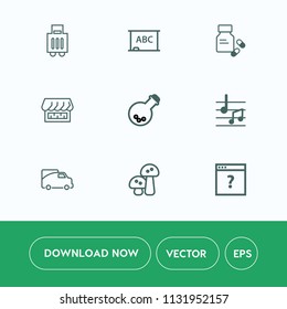 Modern, simple vector icon set on white background with blackboard, food, suitcase, tourism, blank, traffic, baggage, mushroom, vehicle, equipment, bag, medical, airport, terminal, nature, page icons