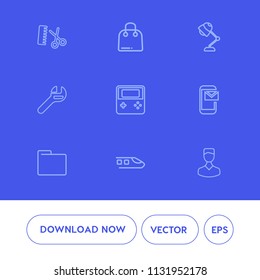 Modern, simple vector icon set on blue background with file, store, hairdresser, electricity, human, scissors, white, hair, hairstyle, comb, phone, transportation, profile, equipment, buy, bag icons