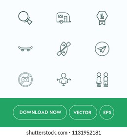 Modern, simple vector icon set on white background with paddle, skater, boat, forbidden, magnifying, transportation, extreme, board, find, van, search, victory, skate, travel, achievement, first icons