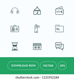 Modern, simple vector icon set on white background with help, cash, office, finance, tent, camp, sea, technology, paper, adventure, light, music, nature, ocean, hour, file, safety, earphone, sos icons