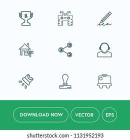 Modern, simple vector icon set on white background with bag, achievement, place, write, video, quad, business, travel, rent, support, stamp, competition, social, center, dirt, baggage, estate icons