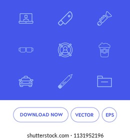 Modern, simple vector icon set on blue background with communication, musical, call, customer, vehicle, fashion, food, meat, coffee, stationery, trumpet, restaurant, video, cook, online, storage icons
