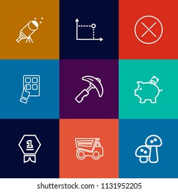 Modern, simple vector icon set on colorful flat backgrounds with science, equipment, geometry, crane, award, modern, nature, place, circle, close, space, dark, dump, winner, tipper, edible, sky icons