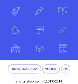 Modern, simple vector icon set on blue background with market, estate, bugle, building, mortgage, , house, label, tower, musical, operation, template, price, sound, clinic, vision, brass, music icons