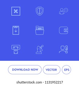 Modern, simple vector icon set on blue background with guard, folder, paper, finance, secure, personal, earth, open, blank, protection, web, security, cash, office, user, account, protect, plan icons