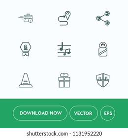 Modern, simple vector icon set on white background with technology, night, gps, shield, road, late, concept, navigation, map, award, music, protect, desk, sitting, spice, security, step, box, up icons