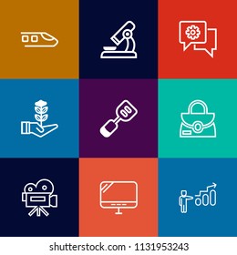 Modern, simple vector icon set on colorful flat backgrounds with development, railway, progress, kitchen, scientific, utensil, computer, tool, transport, travel, locomotive, growth, spatula, bag icons