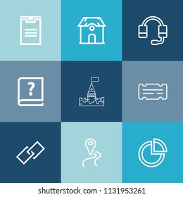 Modern, simple vector icon set on colorful blue backgrounds with headset, sound, house, presentation, estate, pen, navigation, graphic, modern, property, old, microphone, castle, web, package icons