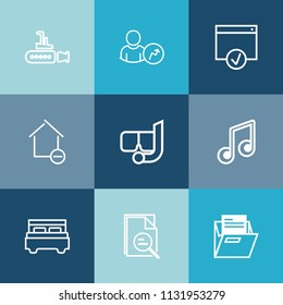 Modern, simple vector icon set on colorful blue backgrounds with ship, musical, page, report, bedroom, tool, mask, undersea, file, double, technology, web, boat, account, blank, home, summer icons