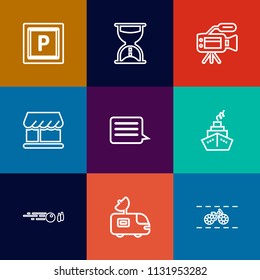 Modern, simple vector icon set on colorful flat backgrounds with tv, street, message, video, wheel, media, zone, minute, van, cycle, lens, watch, television, transport, sign, camera, vehicle,  icons
