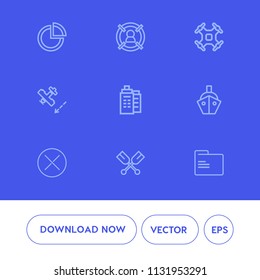 Modern, simple vector icon set on blue background with concept, close, data, travel, graph, aerial, file, graphic, drone, diagram, market, business, paddle, office, group, presentation, chart icons