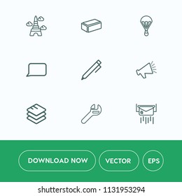 Modern, simple vector icon set on white background with repair, pen, wrench, brick, speech, building, france, material, business, loudspeaker, envelope, talk, write, hand, information, tool, sky icons
