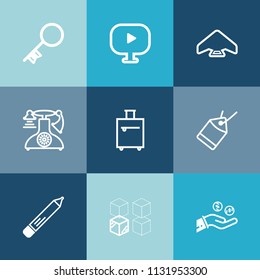 Modern, simple vector icon set on colorful blue backgrounds with finance, key, luggage, video, extreme, money, security, travel, tag, old, play, package, phone, web, suitcase, call, sky, office icons