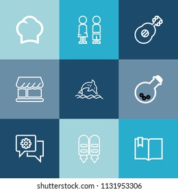 Modern, simple vector icon set on colorful blue backgrounds with rock, female, , book, man, chief, sound, animal, white, click, standing, guitar, medicine, job, girl, ocean, cook, tool, people icons