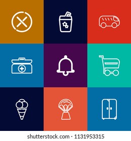 Modern, Simple Vector Icon Set On Colorful Flat Backgrounds With Red, Shop, Alert, Home, Food, Cream, Sky, Trolley, Cocktail, Travel, Dessert, Kit, No, Bus, Ball, Emergency, Furniture, Hot, Bell Icons