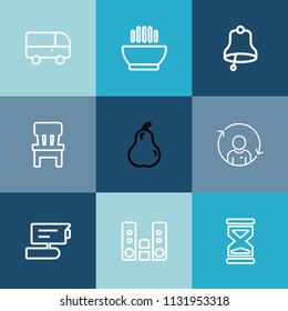 Modern, simple vector icon set on colorful blue backgrounds with organic, road, video, dish, comfortable, food, transport, view, alarm, fresh, hour, person, city, sand, record, music, chair, bus icons