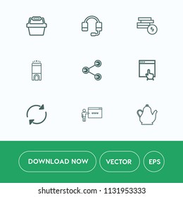 Modern, simple vector icon set on white background with center, kitchen, finance, room, sign, call, basket, internet, mouse, social, drink, wealth, banking, share, market, store, money, go, coin icons