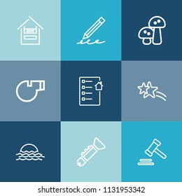 Modern, simple vector icon set on colorful blue backgrounds with market, sun, pen, education, musical, customer, paper, sunrise, lawyer, woman, supermarket, real, house, document, star, jazz icons