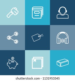 Modern, simple vector icon set on colorful blue backgrounds with internet, work, coin, bank, construction, education, headset, sign, customer, material, library, brick, hammer, investment, file icons
