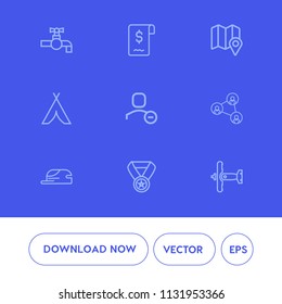 Modern, simple vector icon set on blue background with win, outdoor, fashion, prize, plumbing, map, hat, cap, adventure, display, wash, business, screen, user, tap, web, account, military, war icons