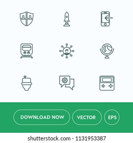 Modern, simple vector icon set on white background with sign, wc, communication, planet, security, train, bathroom, chat, world, galaxy, internet, restroom, travel, transport, technology, rocket icons