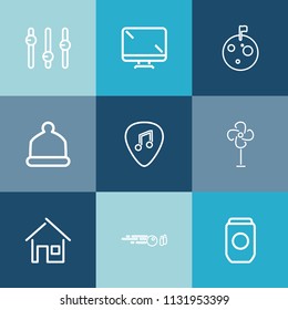 Modern, simple vector icon set on colorful blue backgrounds with metal, digital, estate, moon, air, can, building, cooler, guitar, white, architecture, monitor, astronaut, ventilator, musical icons