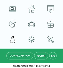 Modern, simple vector icon set on white background with service, transport, box, building, taxi, phone, pear, sky, architecture, home, construction, business, present, gift, fruit, house, fresh icons