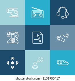 Modern, simple vector icon set on colorful blue backgrounds with position, radio, phone, online, volume, business, telephone, internet, document, headset, travel, music, support, air, aircraft icons