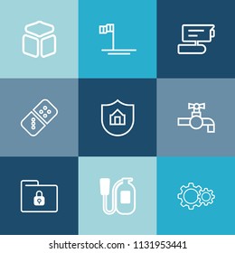 Modern, simple vector icon set on colorful blue backgrounds with tap, sea, home, protection, fire, cortes, sea of cortes, action, beach, road, camera, lock, property, equipment, square, record icons