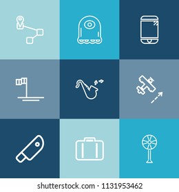 Modern, simple vector icon set on colorful blue backgrounds with ocean, bag, bugle, electric, cut, knife, air, plane, map, mobile, monster, phone, pin, flight, navigation, point, marker, alien icons
