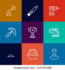 Modern, simple vector icon set on colorful flat backgrounds with victory, picnic, competition, human, connection, cancel, food, internet, air, avatar, grass, profile, drill, online, cup, pen icons