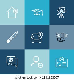 Modern, simple vector icon set on colorful blue backgrounds with user, sofa, chat, video, academic, fan, cap, student, white, hair, education, home, business, apartment, movie, building, retro icons