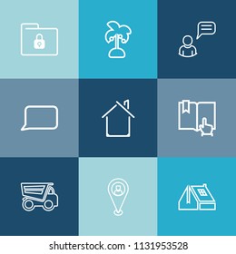 Modern, simple vector icon set on colorful blue backgrounds with nature, business, house, summer, data, book, palm, person, folder, chat, vehicle, leaf, tropical, natural, coconut, click, file icons